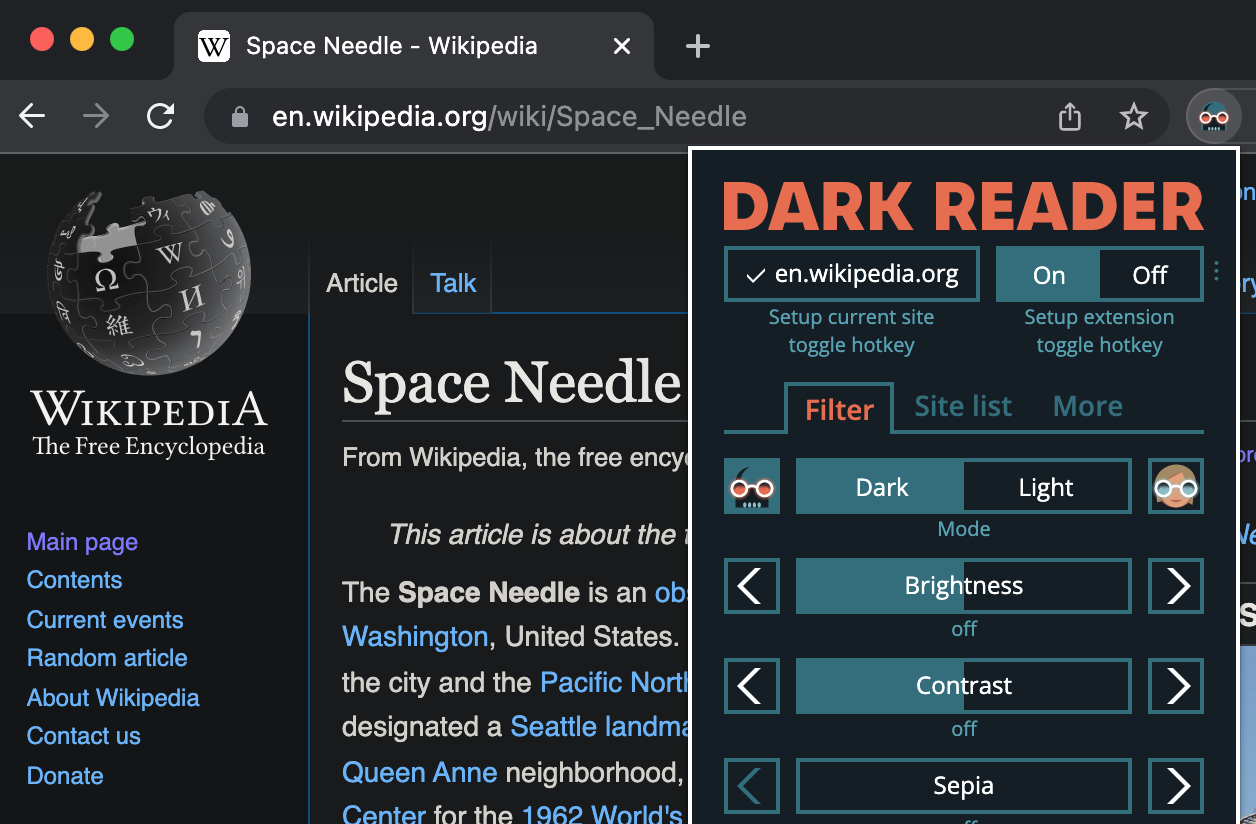 Dark Reader website preview